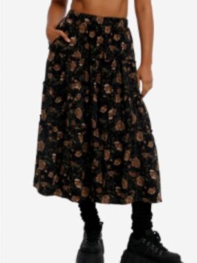 Hot Topic Black Floral Maxi Skirt with Brown Accent
